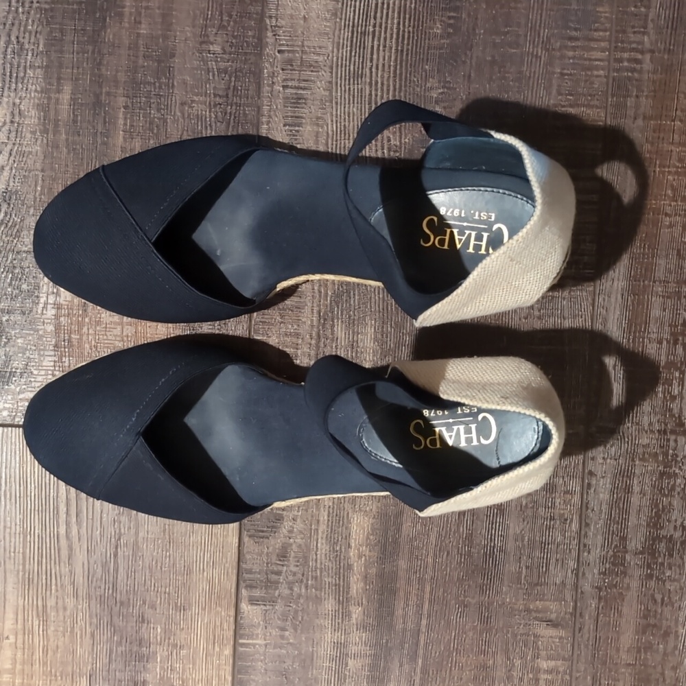 Navy wedge chaps heels